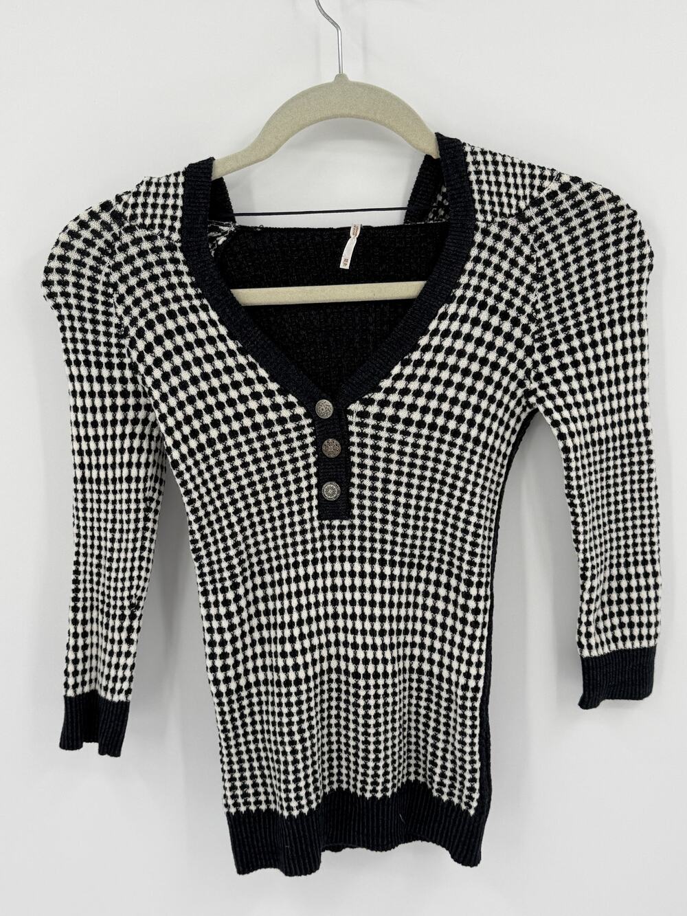 Free People Hooded Henley Sweater Navy and Ivory Check XS Boho Beach Coastal